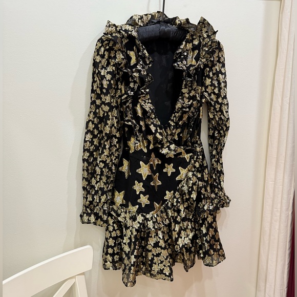 LoveShackFancy Findlay Black + Gold + Silver Lamé Metallic Ruffle Wrap Dress 6 - Picture 2 of 5